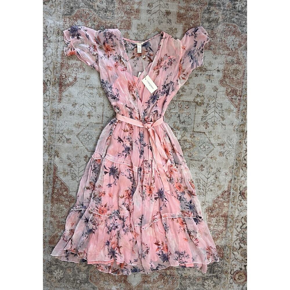 Sundance Alexandria Catalog Pink Floral Chiffon Midi Dress Size L NWT Spring - Picture 2 of 7